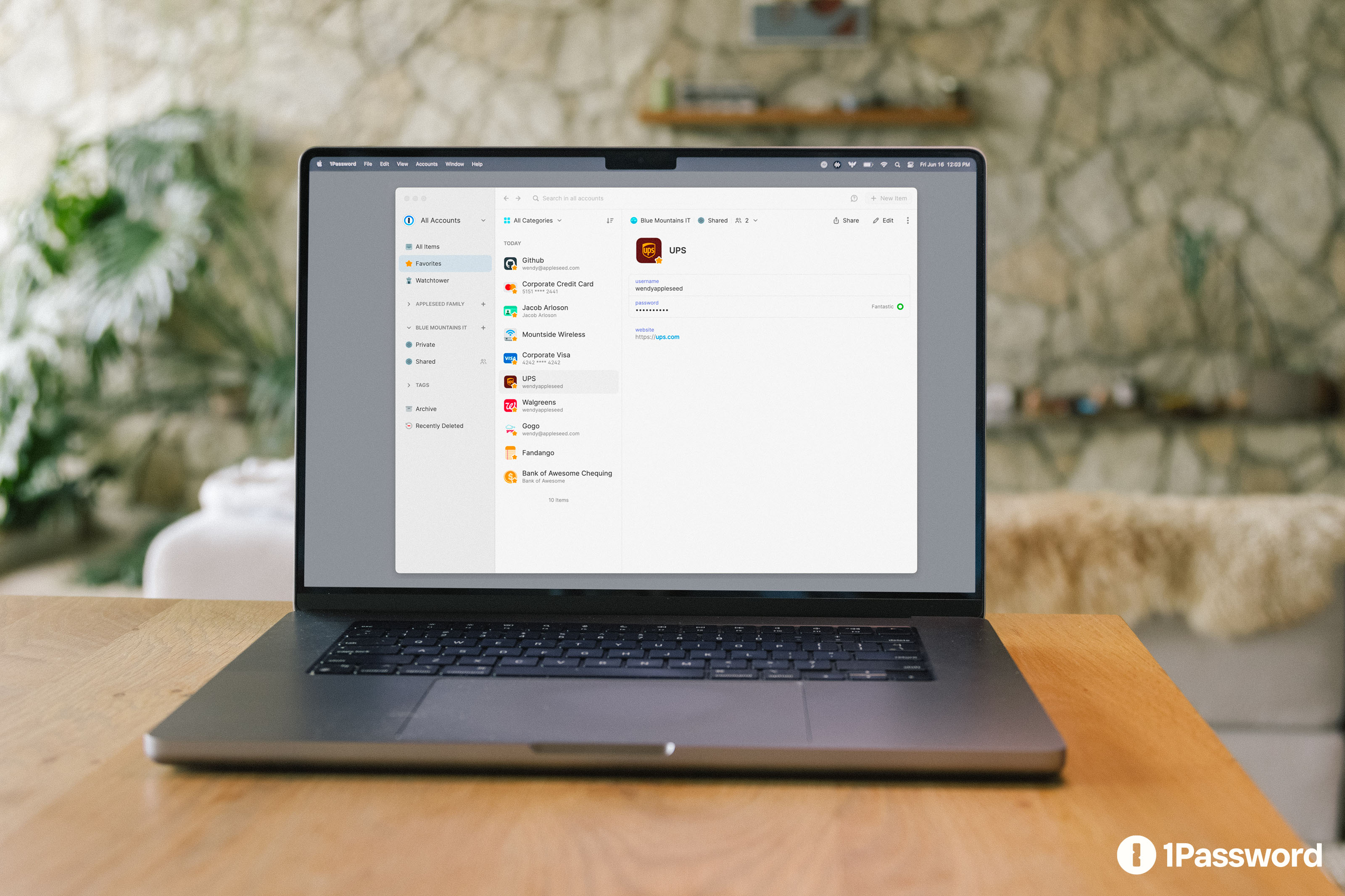 1Password interface displayed on a laptop in a manufacturer media photo