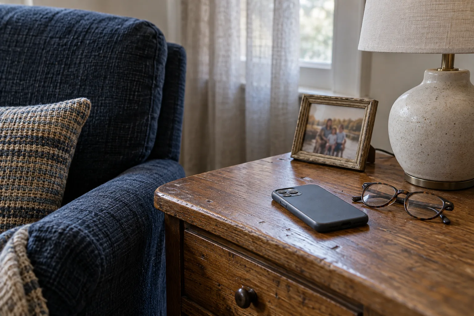 A face-down smartphone and reading glasses on an oak side table beside a navy armchair, lamp and family photograph